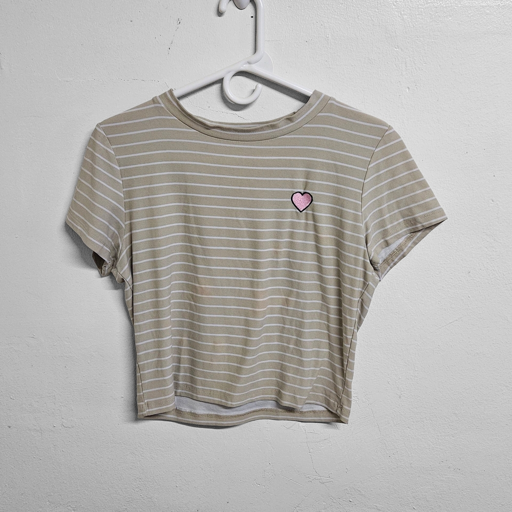 Striped Tan and White Cropped T-Shirt with Heart Patch
